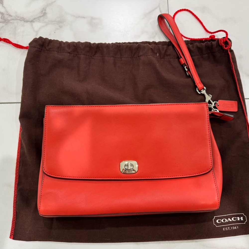 Coach Red Leather Turnlock Wristlet clutch bag with removable strap